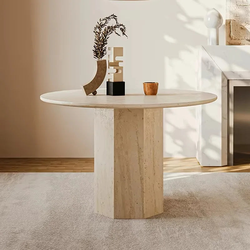 Luxury Round Travertine Dining Table Hexagonal Pedestal Minimalist Italian Style