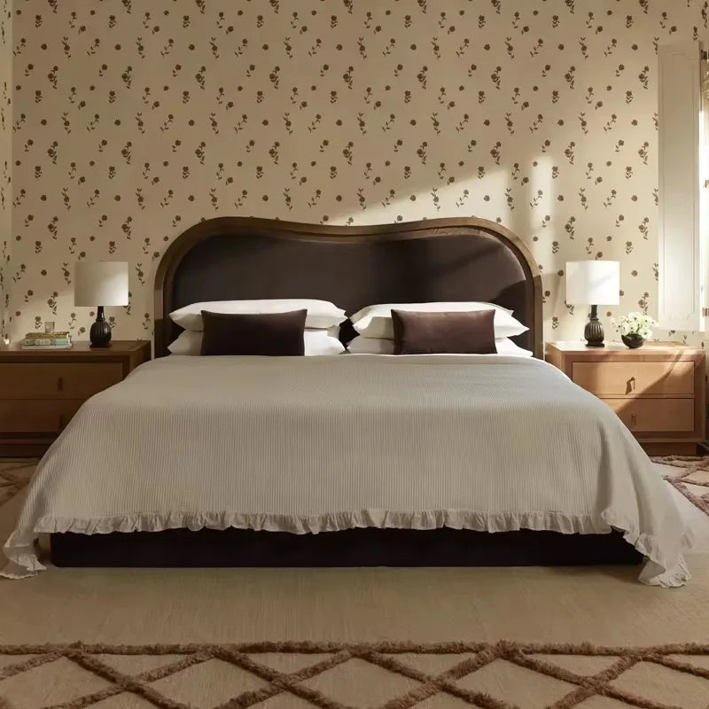 Platform Bed – Velvet Padded Headboard in Solid Birch – Modern French Style