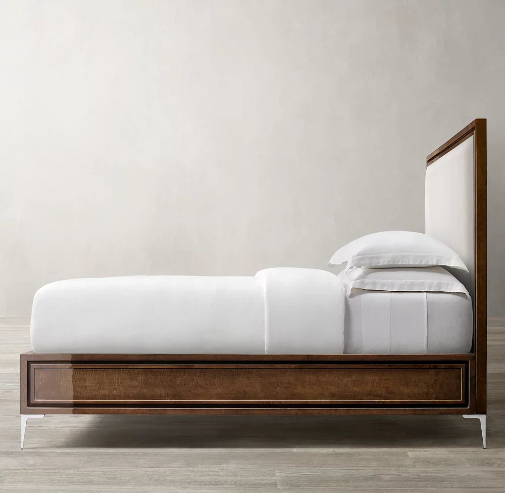 Benoit Fabric Panel Bed – Contemporary Sculptural Upholstered Bed in Lacquered Sable & Stainless Steel