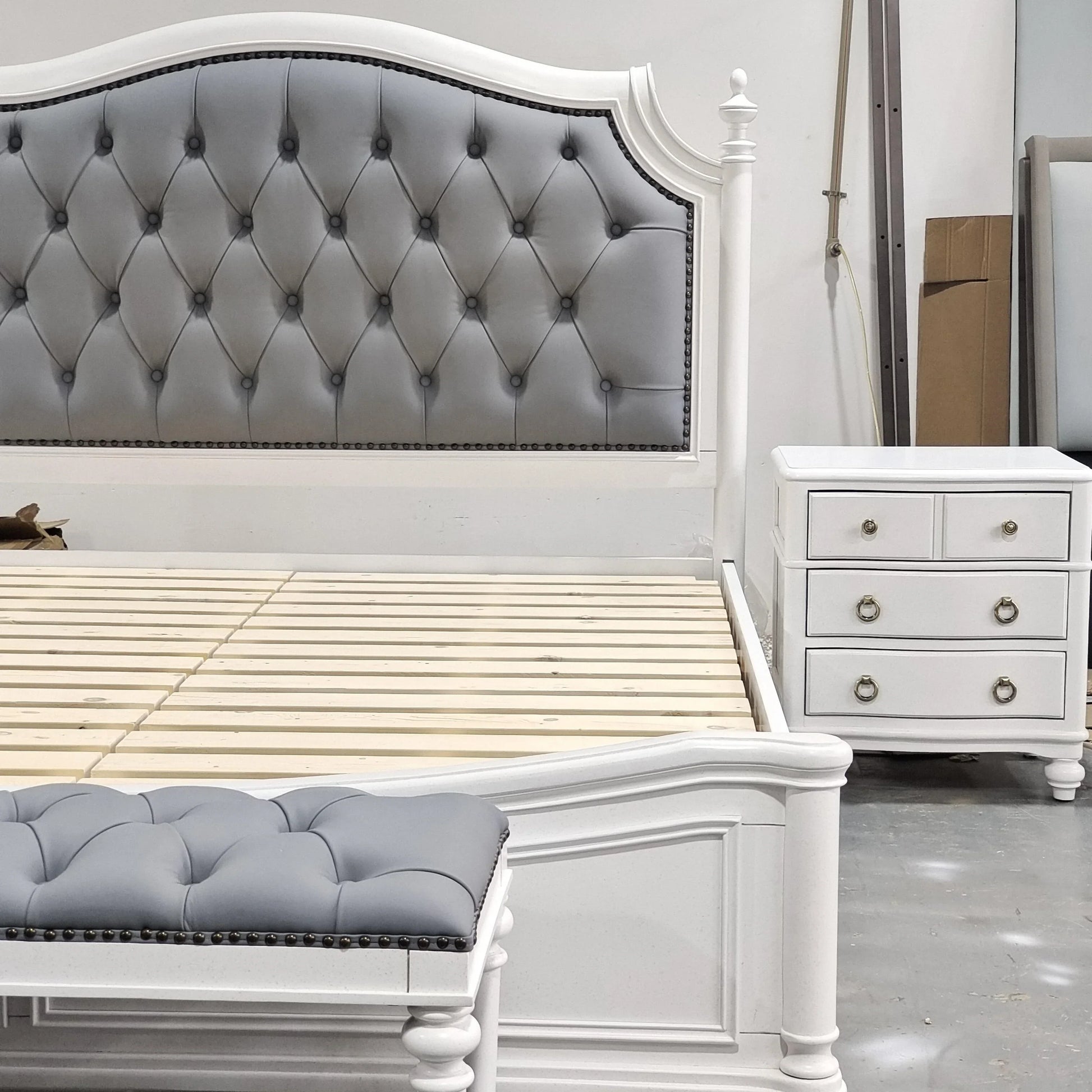 Tufted Upholstered Bed Set – Custom Grey Fabric with Solid Birch Wood