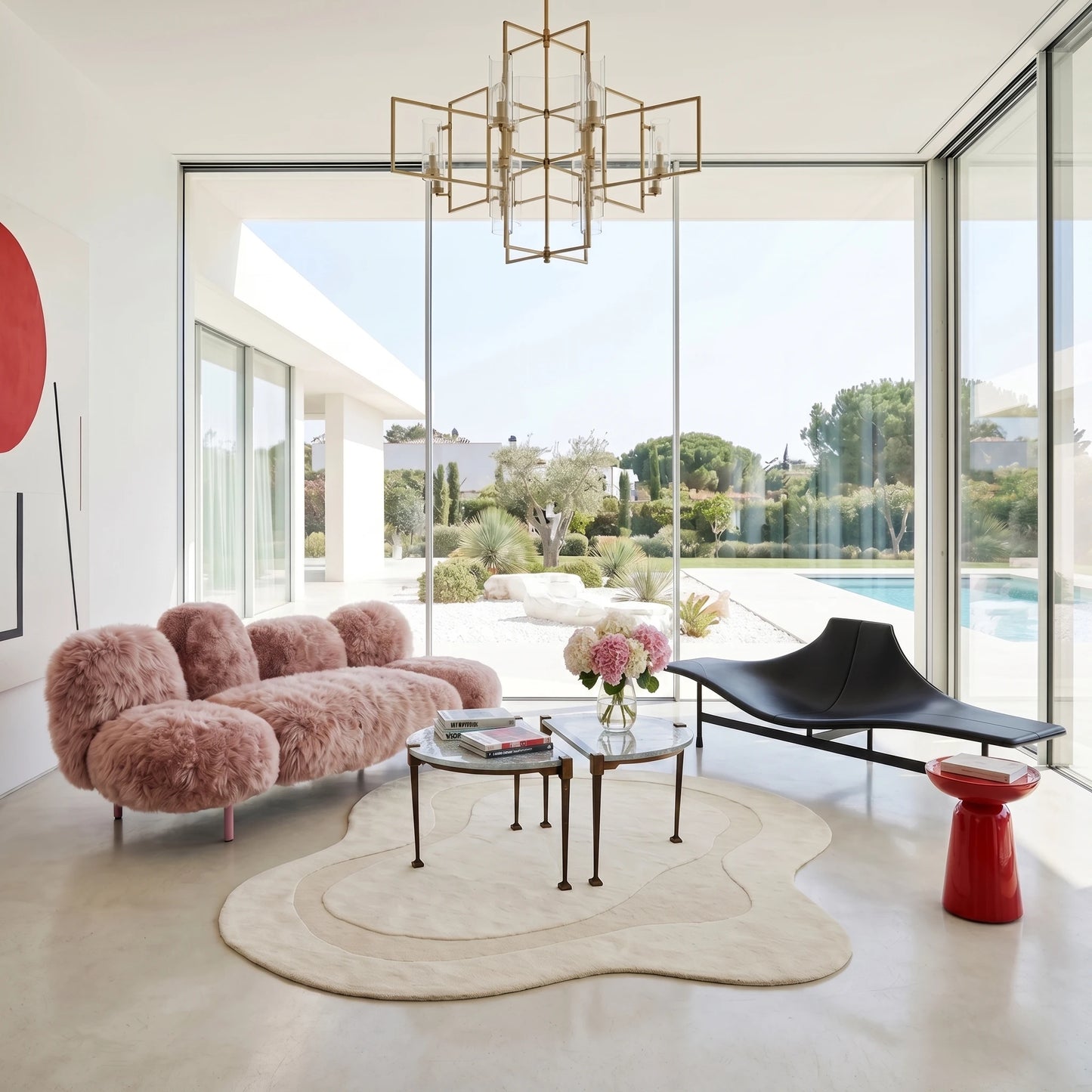 Modern Faux Fur Living Room Set in Pink