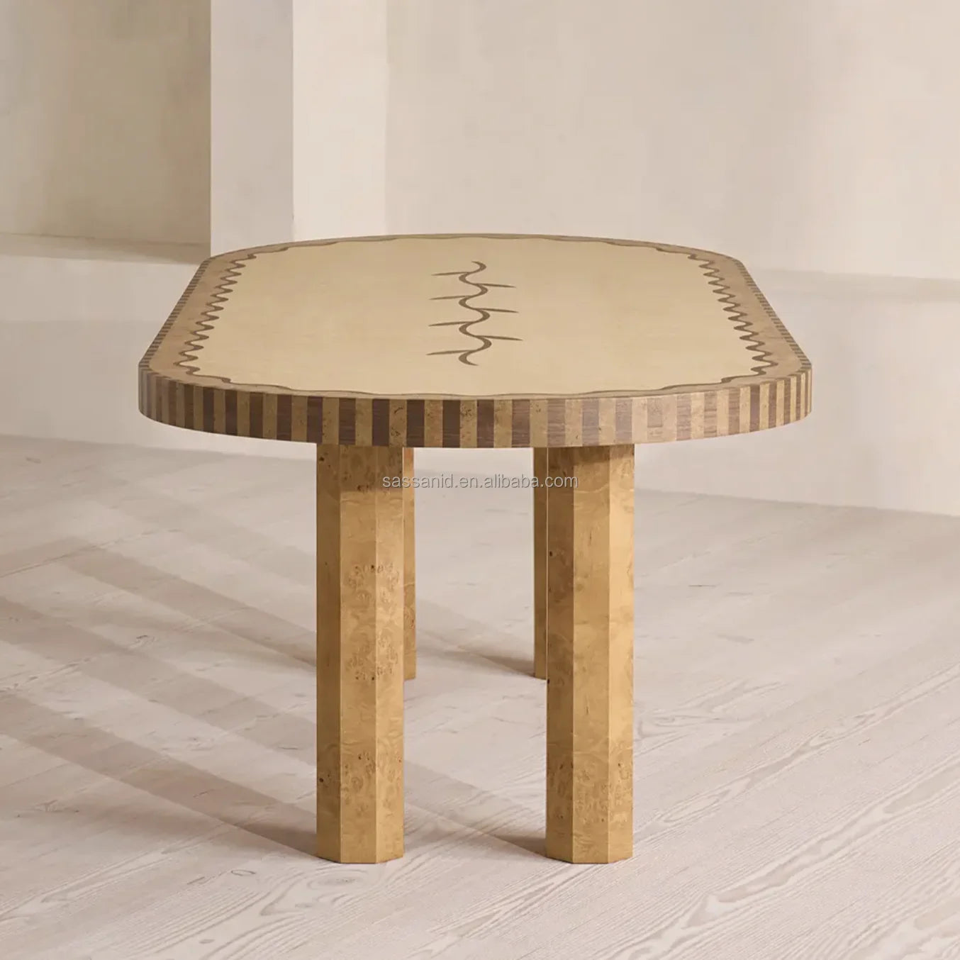 Marella Dining Table 94.5in – Contemporary Madrone Burl Veneer Statement Piece