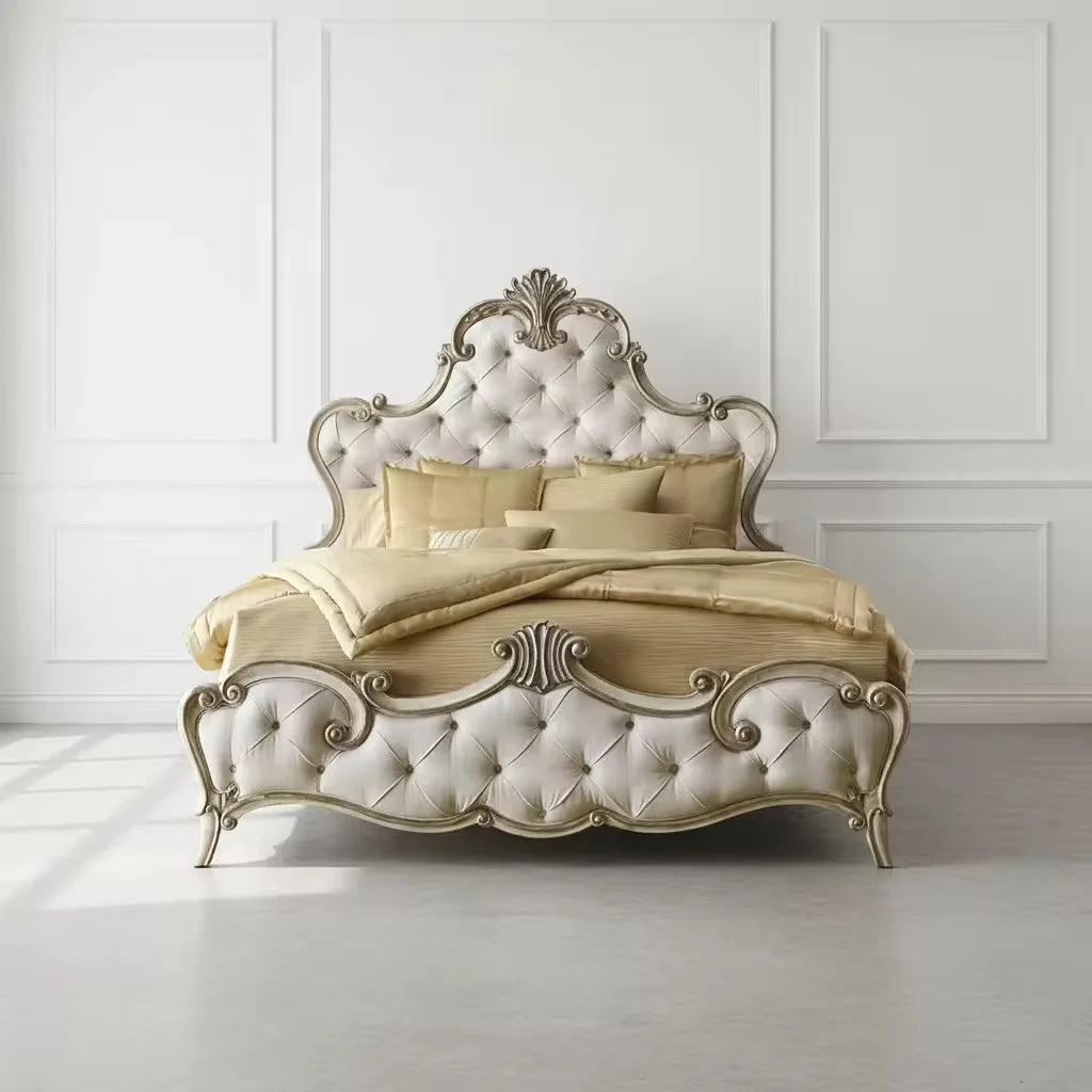 Solid Wood Bed, French Palace Carving – Birch Timber Statement Piece