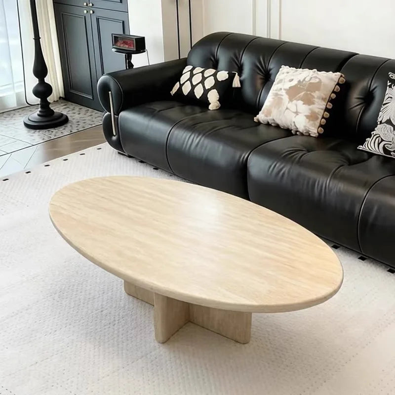 Luxury Oval Natural Travertine Coffee Table Modern Italian Style for Villa