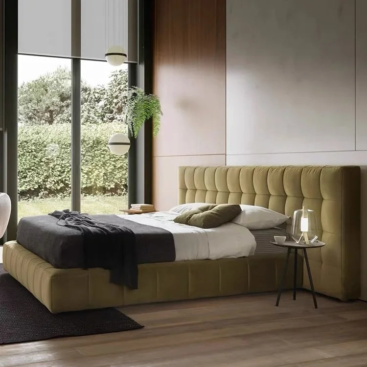 Minimalist Tofu Block Velvet Bed – Dark Khaki Upholstered Platform Frame