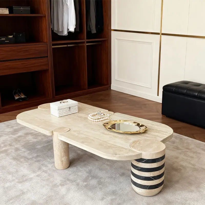 Modern Minimalist Travertine and Marble Coffee Table