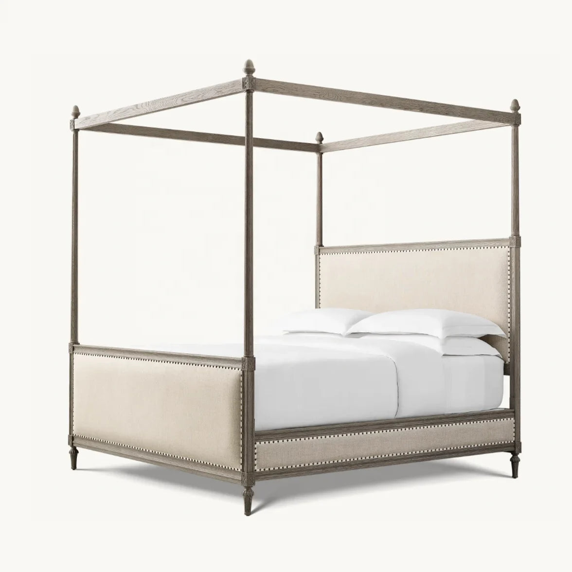 18th-Century French Canopy Bed – Antiqued Grey Oak Fabric Panel