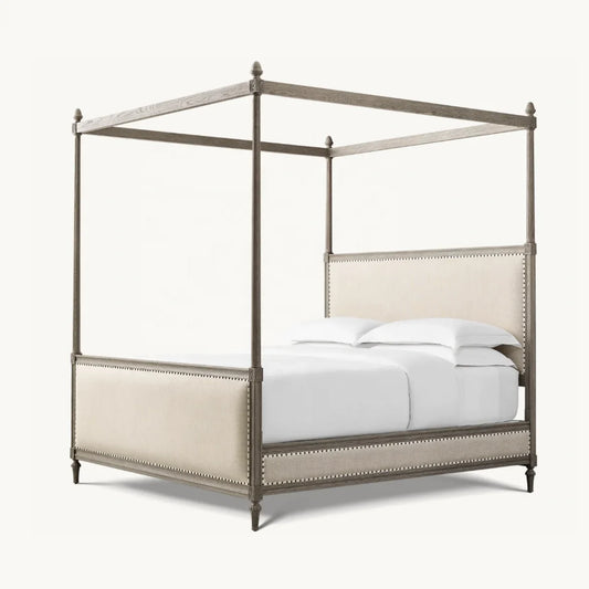 18th-Century French Canopy Bed – Antiqued Grey Oak Fabric Panel