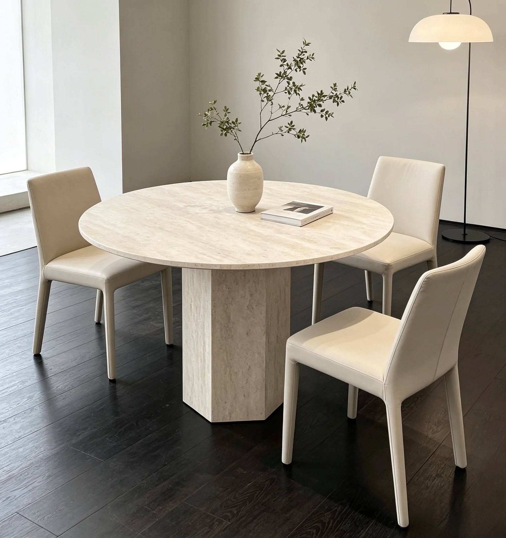 Luxury Round Travertine Dining Table Hexagonal Pedestal Minimalist Italian Style