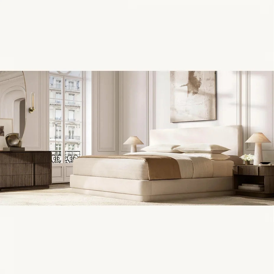 Dalia Upholstered Panel Bed – American White Oak Mid-Century Modern Statement Piece
