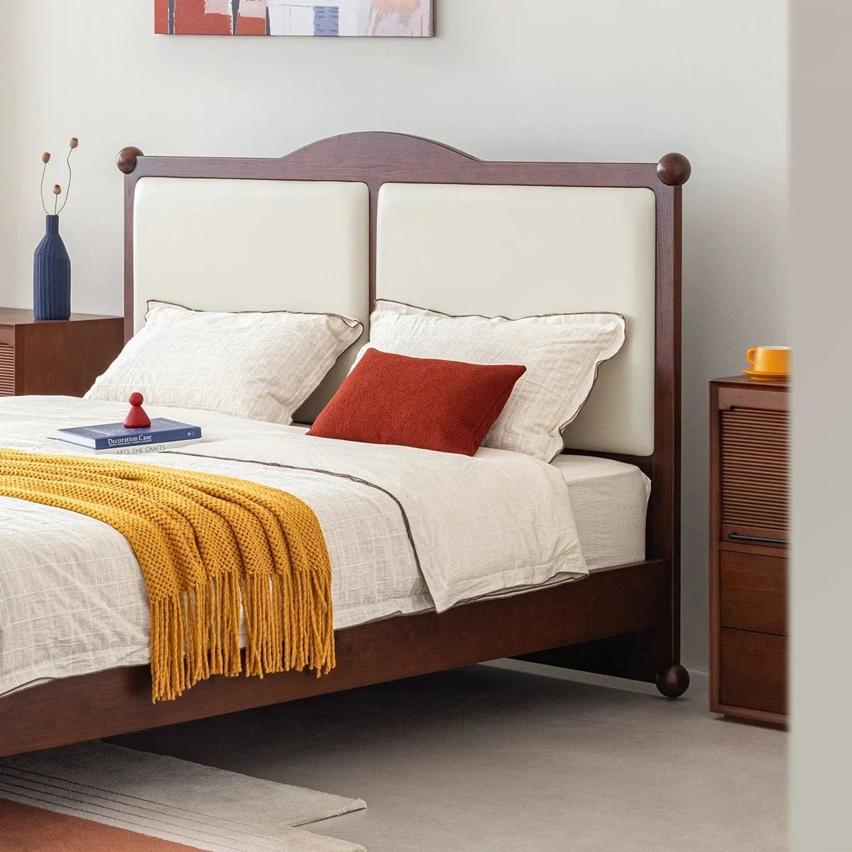 Mid-century Solid Wood Leather Bed – High Headboard Upholstered Platform Piece | 26-228