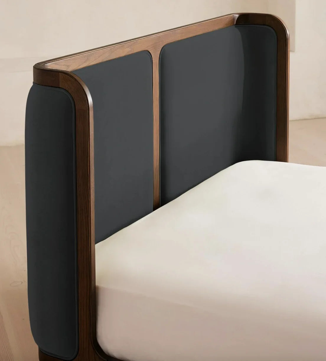 Belsa King Bed – Mid-Century Modern Velvet Upholstered Oak