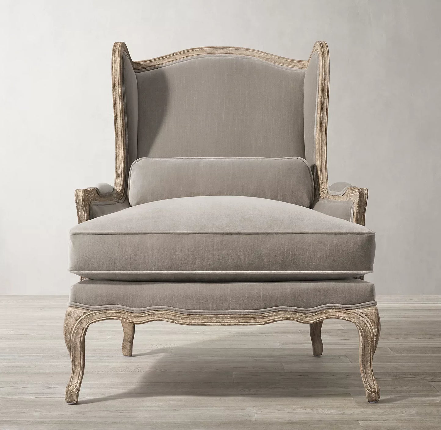French Louis XV Wing Chair – Velvet Upholstered Oak Armchair