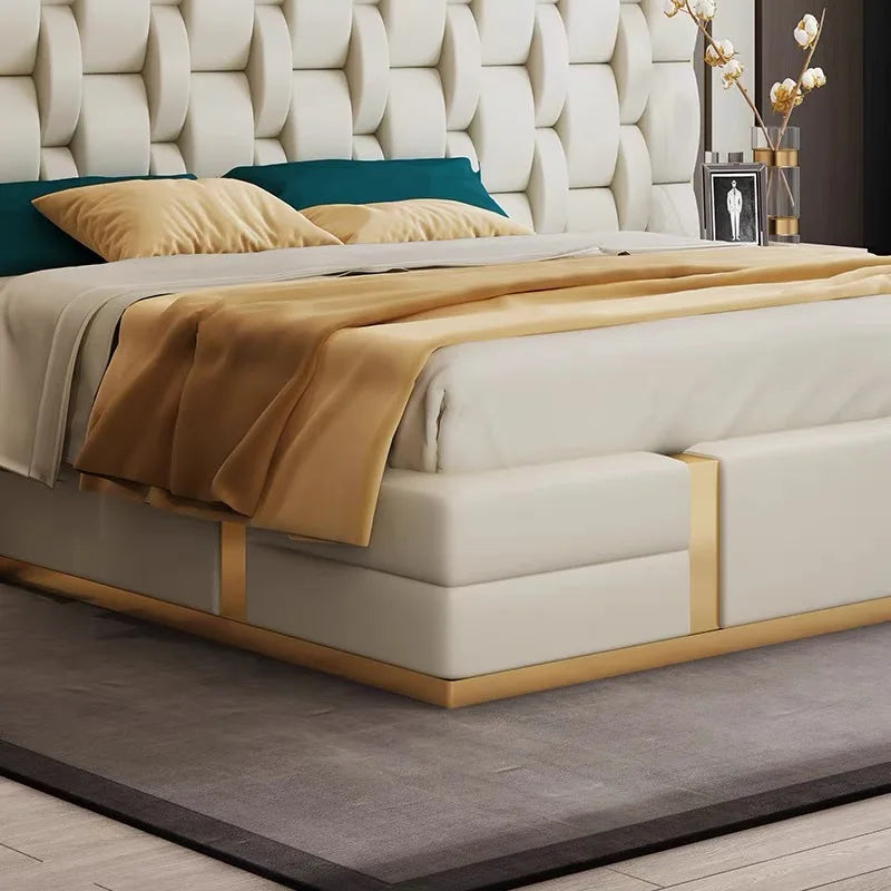 Italian Designer Upholstered Bed – Wide-screen Leather Headboard, Metal Statement Piece | q-020528