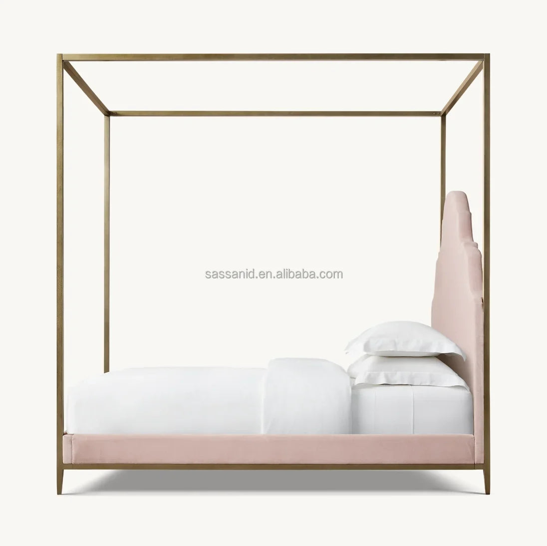 Modern Upholstered Canopy Bed – Dusty Petal Finish with Aged Brass Accents