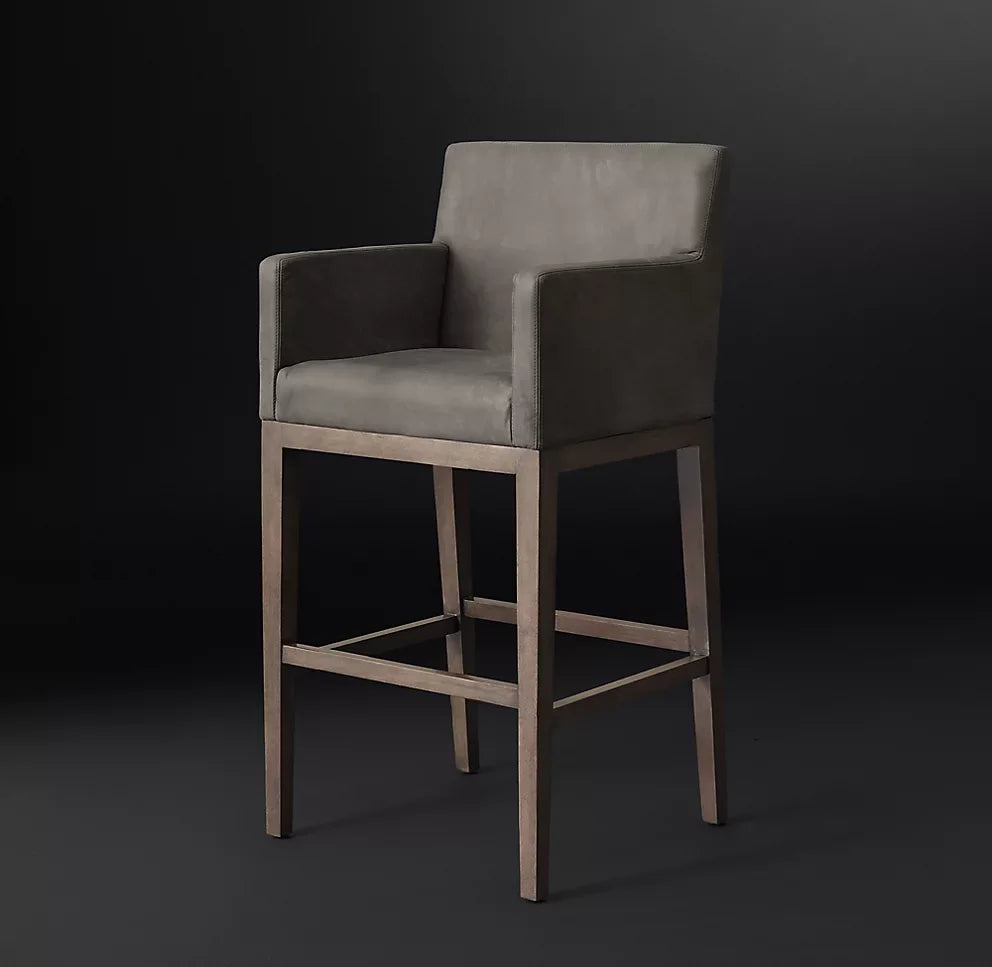 Leather Bar Stool with Track Arms – Mid-Century European Oak Statement Piece