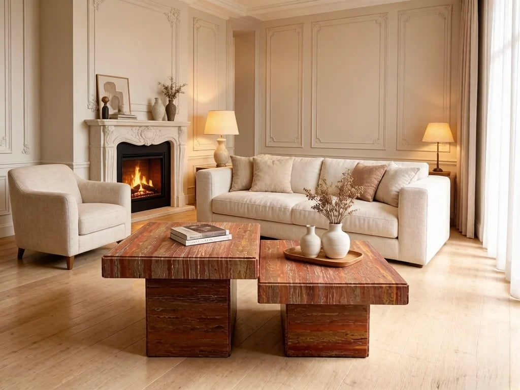 Luxury Square Natural Red Marble Coffee Table Modern Italian Style for Villa