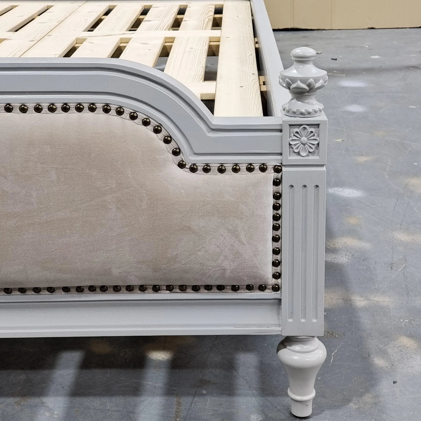 Upholstered Bed with Nailhead Trim – Velvet French Provincial Statement Piece