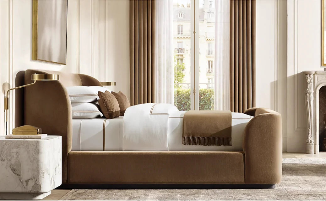Copenhagen Fabric Panel Platform Bed – Burnt Caramel European Statement Piece