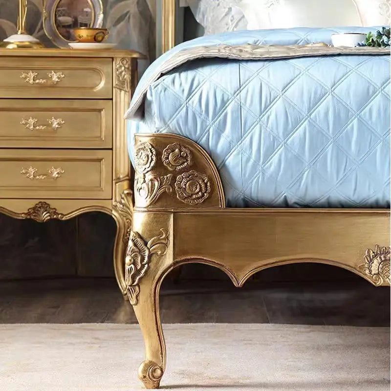 French Provincial Upholstered Bed – Hand-Carved Distressed Gold Solid Wood