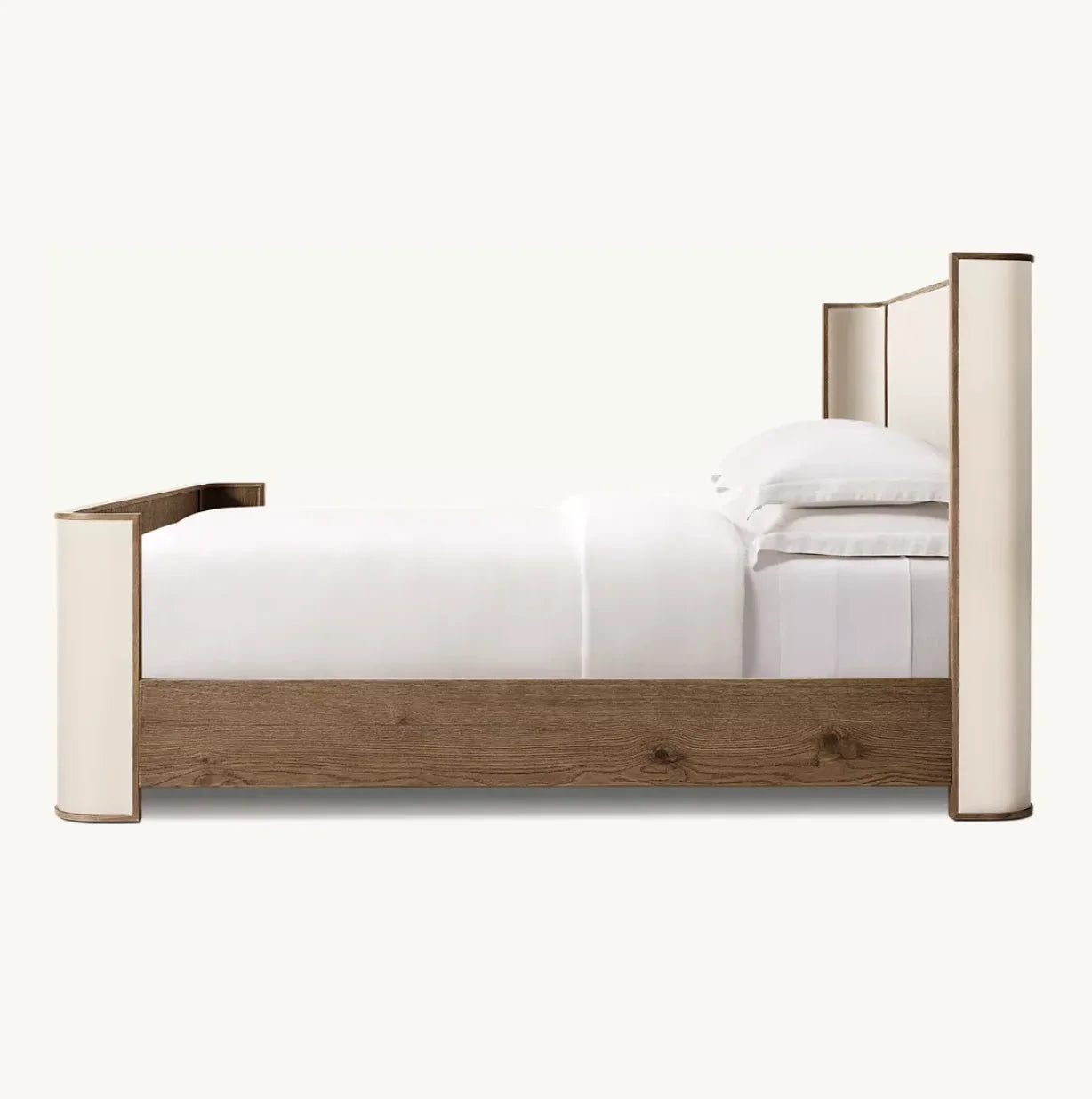 Shelter Bed with Postmodern Fabric Upholstery – Brown Oak Sculptural Platform