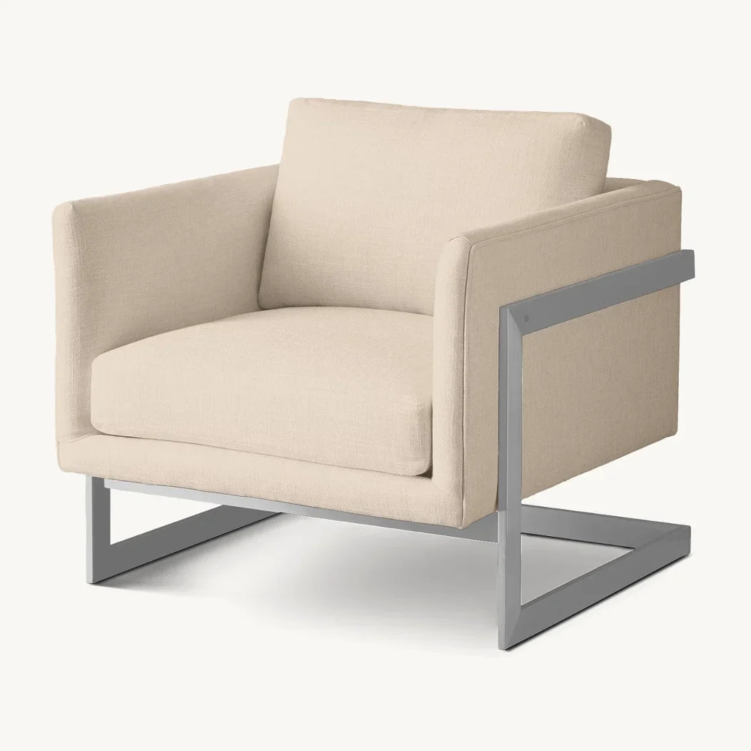 Modernist Lounge Chair – Grid-Tufted Cushion – Polished Steel – Milo