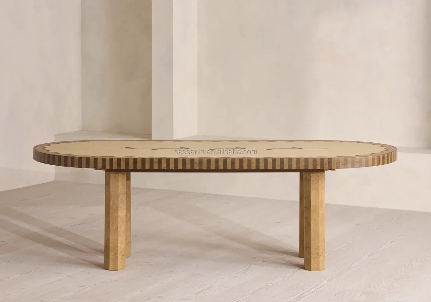 Marella Dining Table 94.5in – Contemporary Madrone Burl Veneer Statement Piece