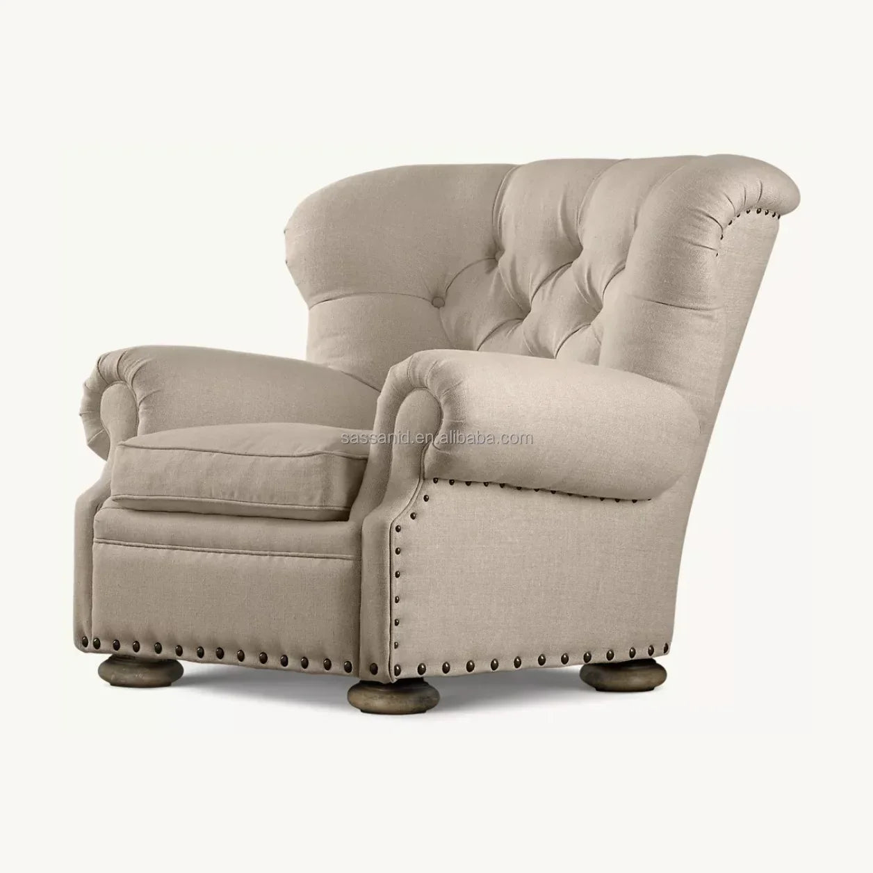 Wingback Accent Chair with Nailhead Trim, Linen – French Contemporary Style