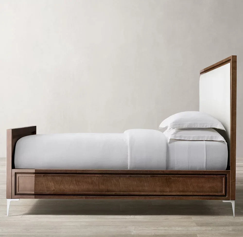 Benoit Fabric Panel Bed – Sculptural Platform in Lacquered Sable & Stainless Steel
