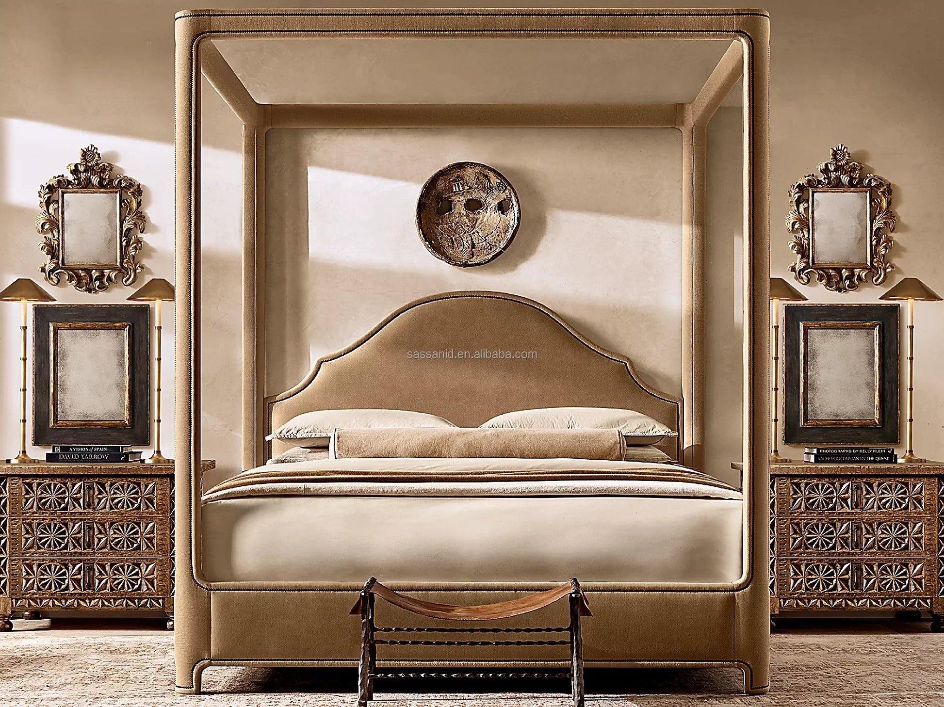 Alexandria Portman Upholstered Canopy Bed – Fabric Frame with Nailhead Detail – Contemporary Bedroom Statement Piece