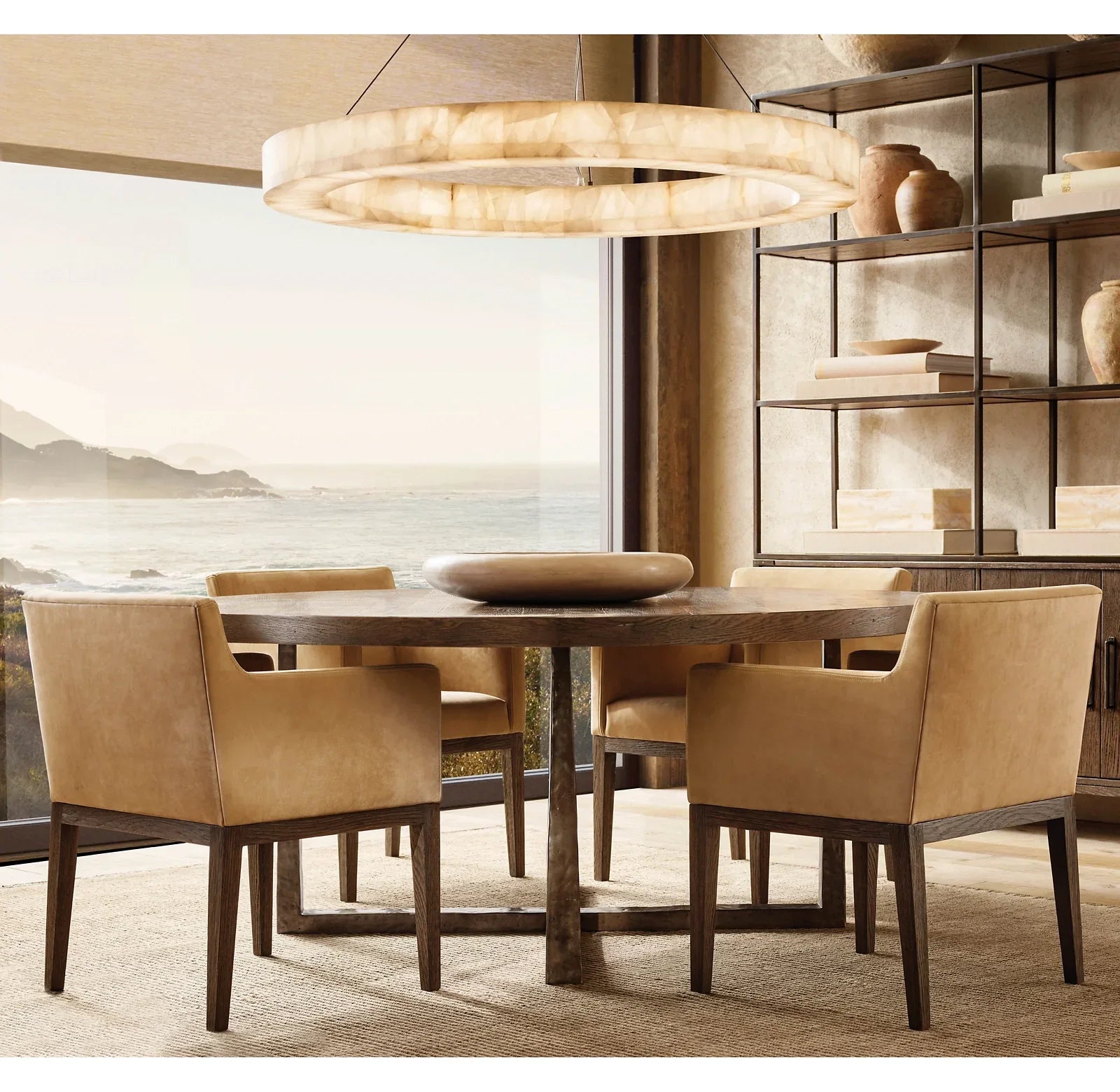 T-Brace Round Dining Table – Waxed Brown Oak & Brass Bauhaus Piece