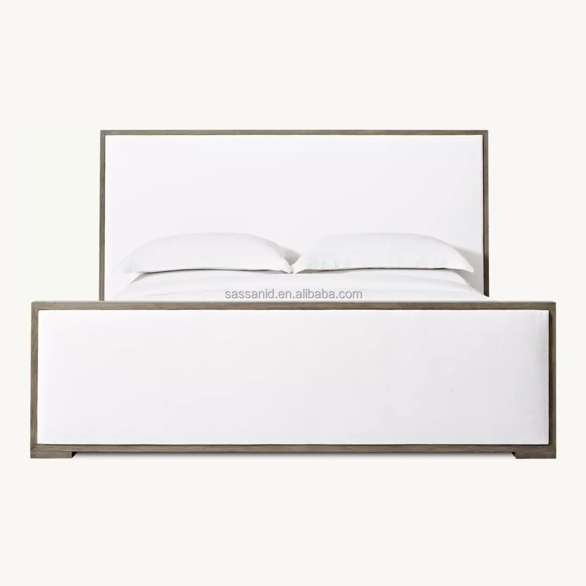 Modena Platform Bed – Tufted Fabric Framed Panel – Grey Oak European Luxury