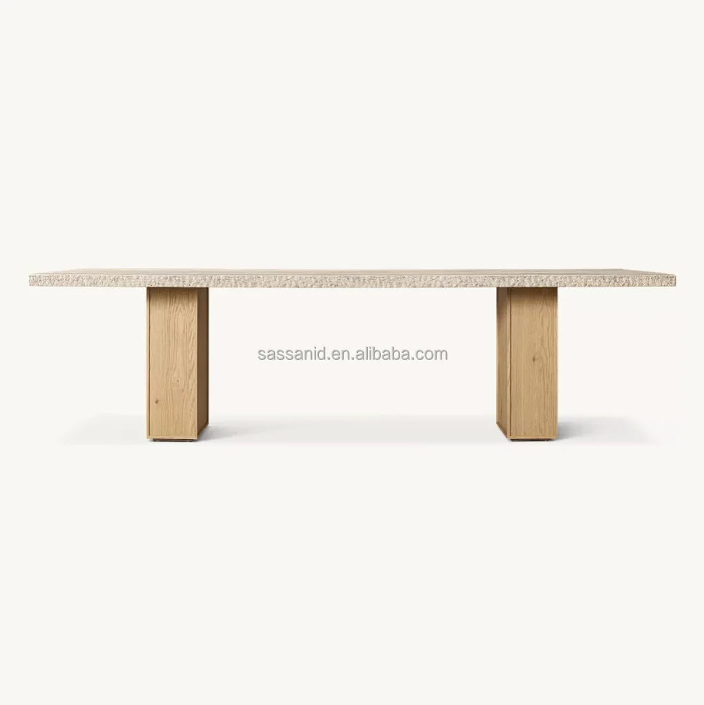 Travertine Top Dining Table – Stone & Wood – Minimalist | 1601660757910