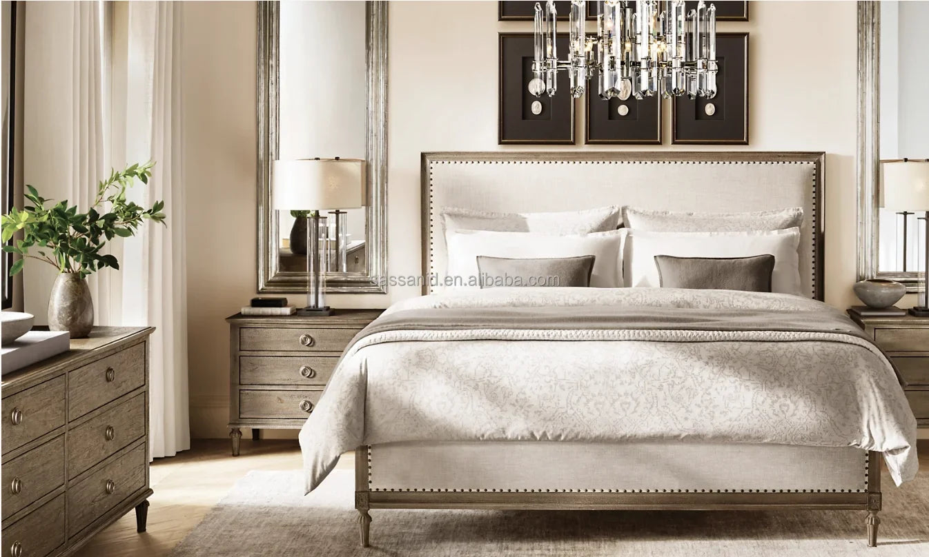 French Antique Fabric Panel Bed – Slipcovered Headboard in Oak