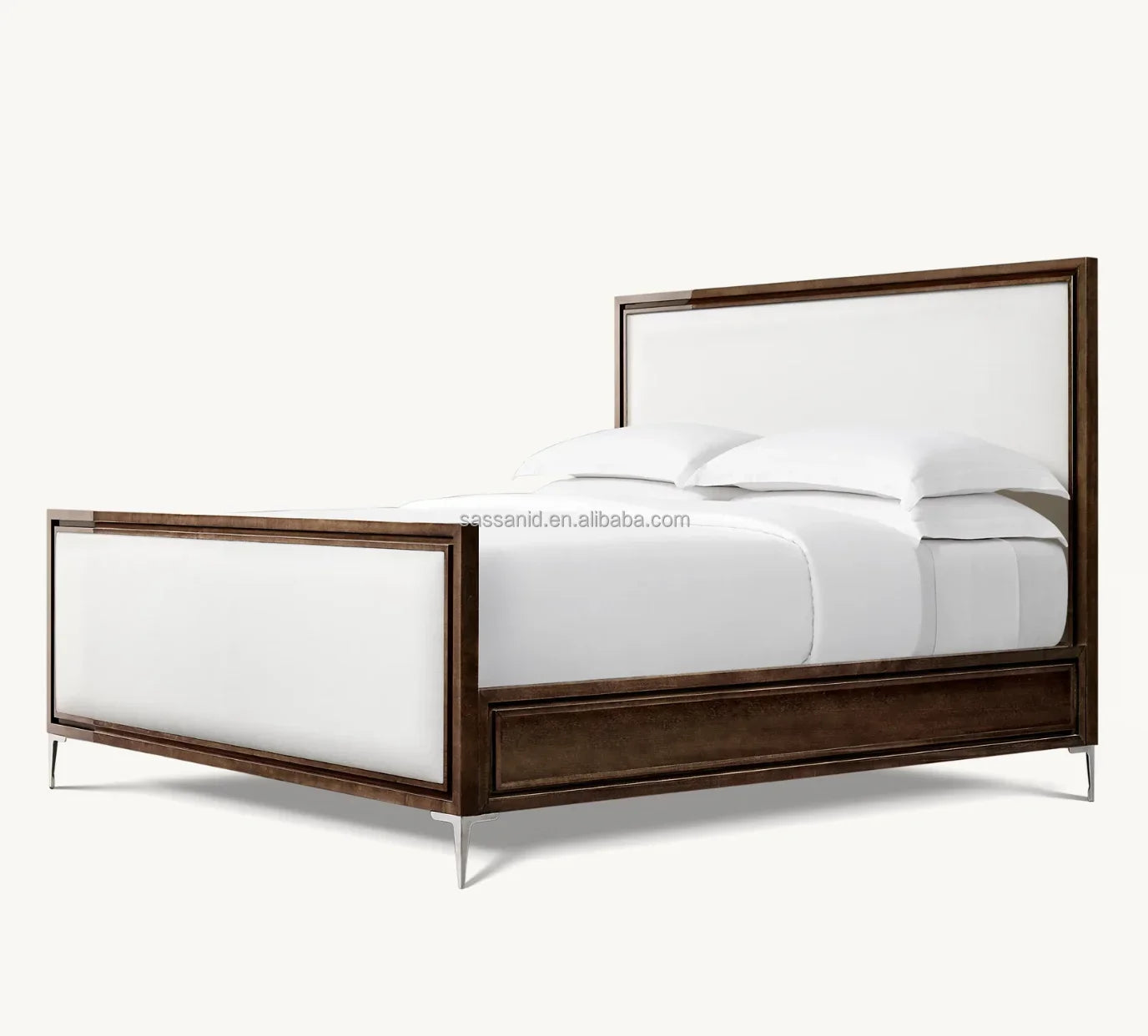Benoit Fabric Panel Bed – Sculptural Platform Design in Lacquered Finish & Polished Stainless Steel – Contemporary Statement Piece