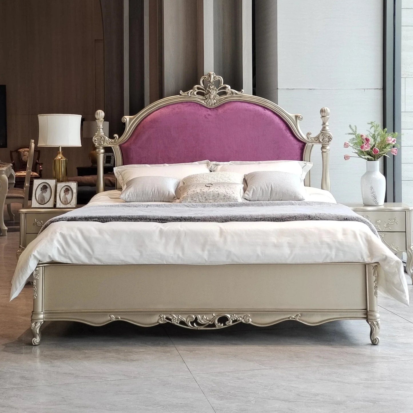 Upholstered Bed with Carved Solid Wood Frame – Velvet Vintage Statement Piece | 26-276