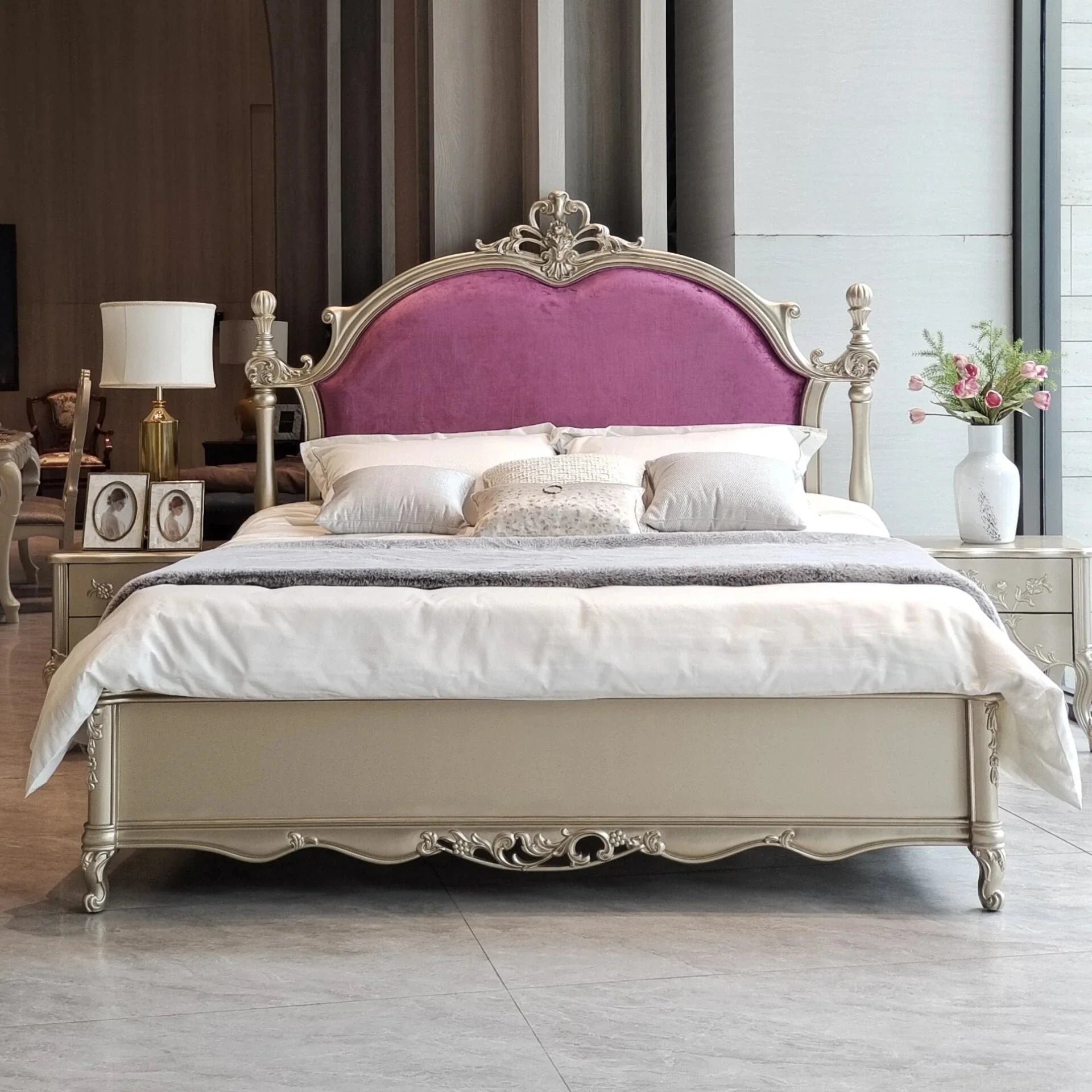Upholstered Bed with Carved Solid Wood Frame – Velvet Vintage Statement Piece | 26-276