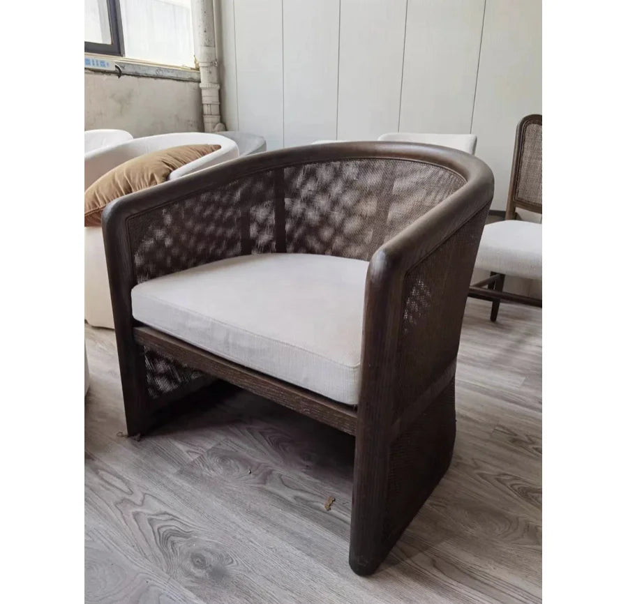 Rattan Lounge Chair Mid-Century Geometric Form – Solid Oak Statement Piece
