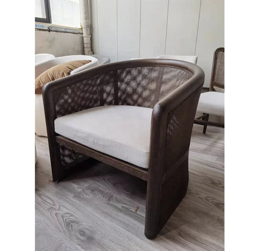 Rattan Lounge Chair Mid-Century Geometric Form – Solid Oak Statement Piece