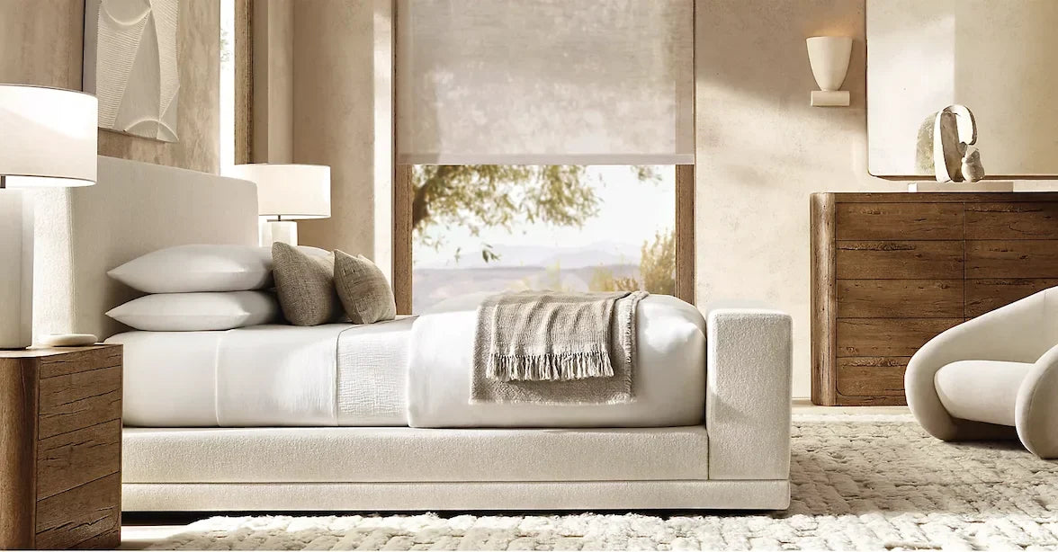 Contemporary Fabric Platform Bed – Plush Slipcovered Headboard Statement Piece