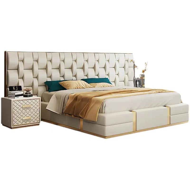 Italian Designer Upholstered Bed – Wide-screen Leather Headboard, Metal Statement Piece | q-020528