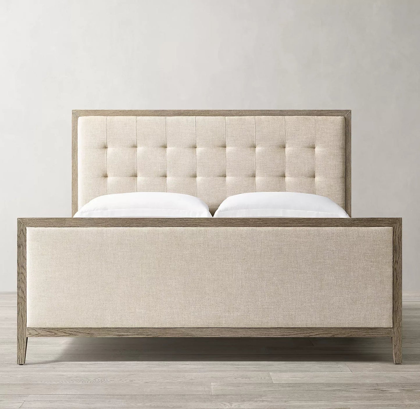 Upholstered Winged Panel Bed – Box-Tufted Headboard, Brushed Oak European Design