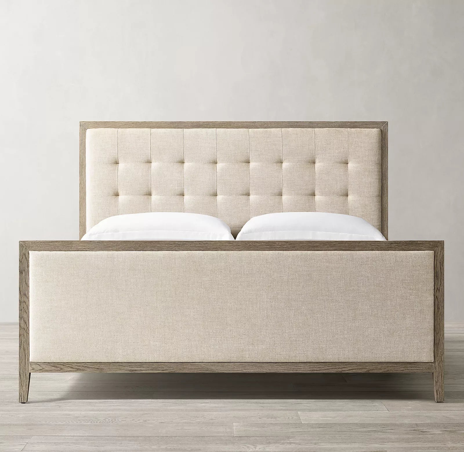 Upholstered Winged Panel Bed – Box-Tufted Headboard, Brushed Oak European Design