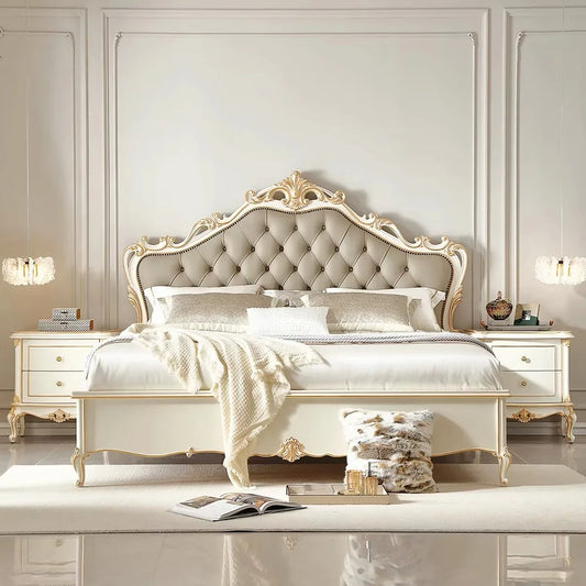 French Provincial Carved Solid Wood Bed – Luxury Gold Statement Piece | 18-1921