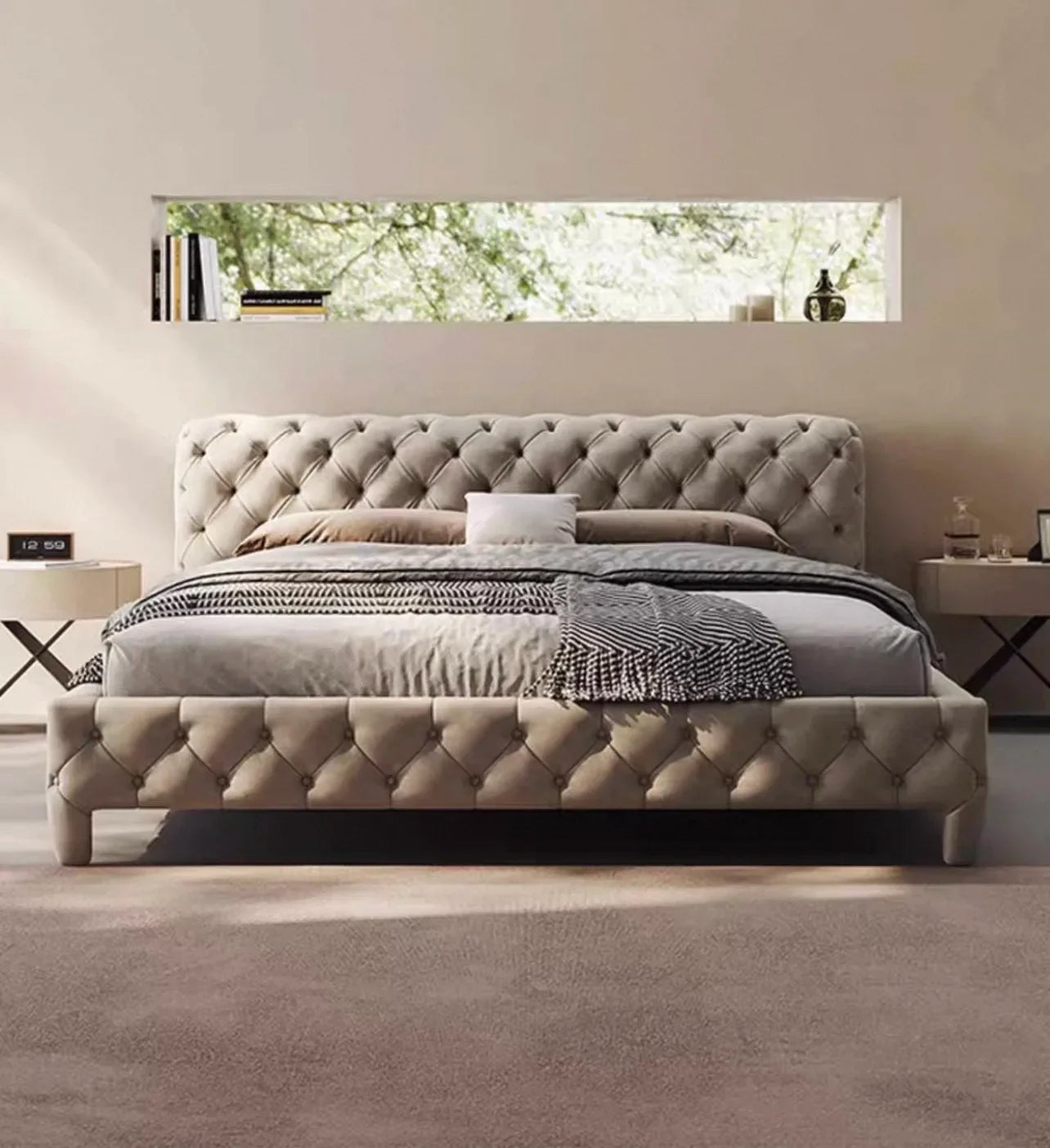 Upholstered Minimalist Bed – Velvet Rice White Italian Statement Piece