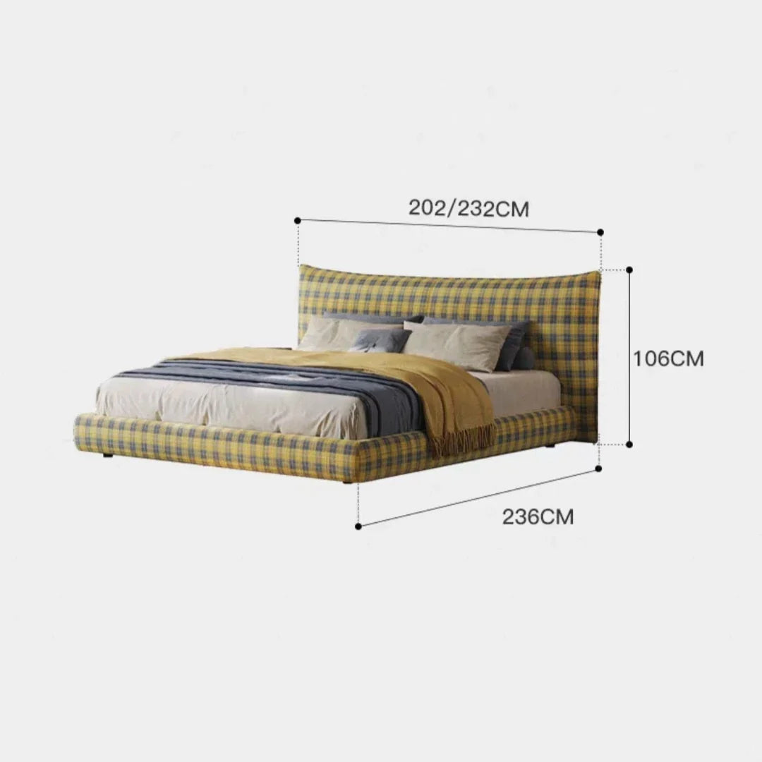 French Vintage Upholstered Bed – Midcentury Modern Wool Plaid Statement Piece | 5550