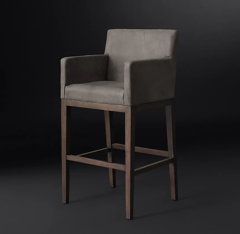 Leather Bar Stool with Track Arms – Mid-Century European Oak Statement Piece