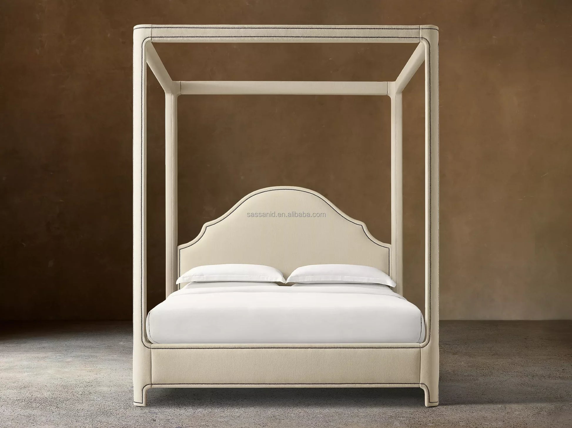 Alexandria Portman Upholstered Canopy Bed – Fabric Frame with Nailhead Detail – Contemporary Bedroom Statement Piece