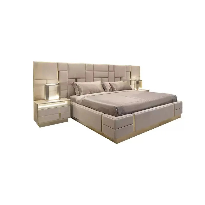 Modern European King Bed – Wide Headboard Pine Frame Statement Piece