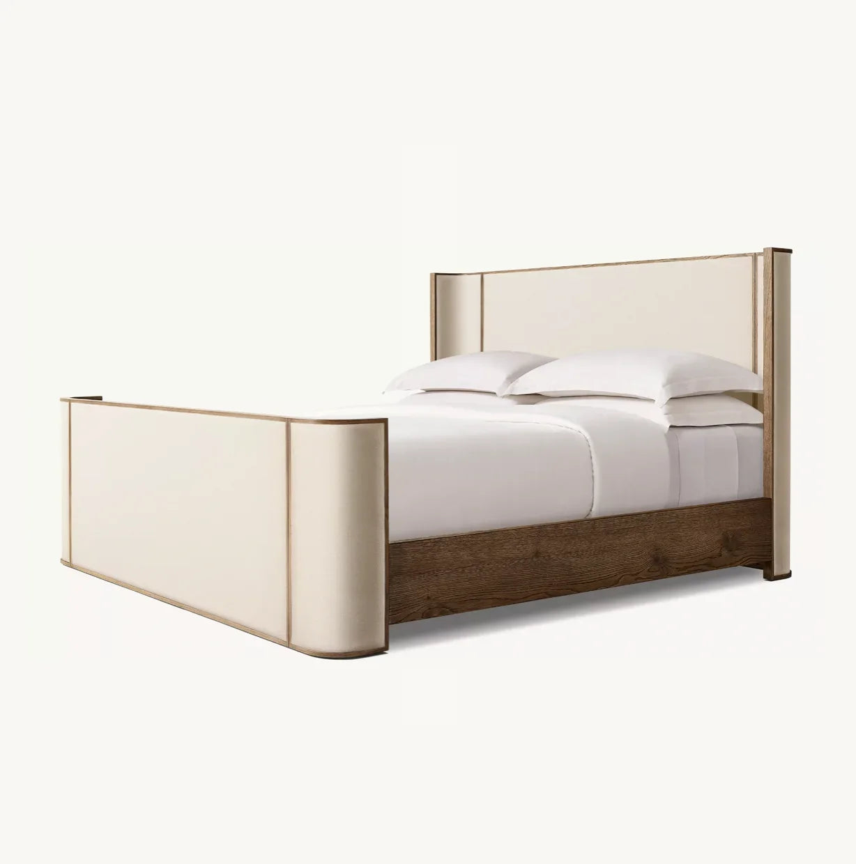 Shelter Bed with Postmodern Fabric Upholstery – Brown Oak Sculptural Platform